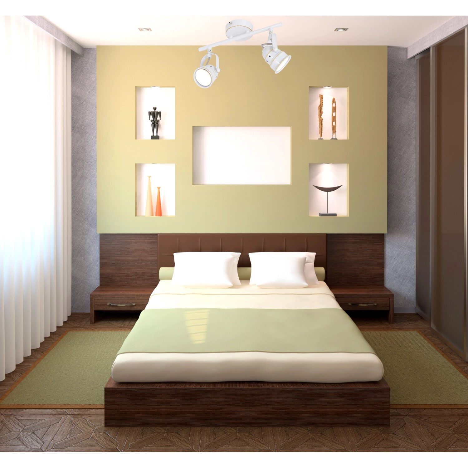 Näve LED-Spot Agona 2er, weiß antik, im Schlafzimmer. Deckenleuchte mit zwei Strahlern.