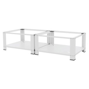 Weißes ML-Design Doppel Waschmaschinen Untergestell aus Stahl mit 2 Ablagen. Stabil, erhöht Geräte für ergonomisches Arbeiten.