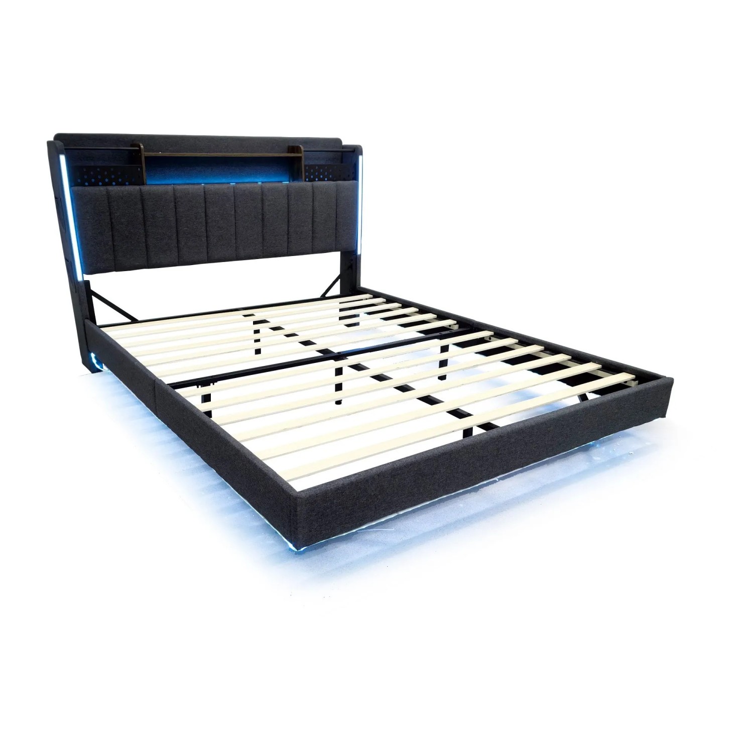 Merax Polsterbett 140x200cm LED USB Schwebebett Leinen Grau