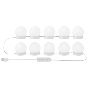 Zehn weiße, kugelförmige vidaXL LED-Spiegelleuchten aus Kunststoff mit USB-Anschluss und Steuerpanel.