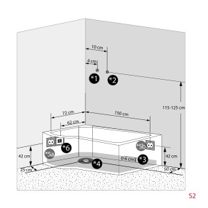 Skizze der AcquaVapore Whirlpool Dusche K50-R33-WP 100x170 mit Maßangaben für Anschlüsse.