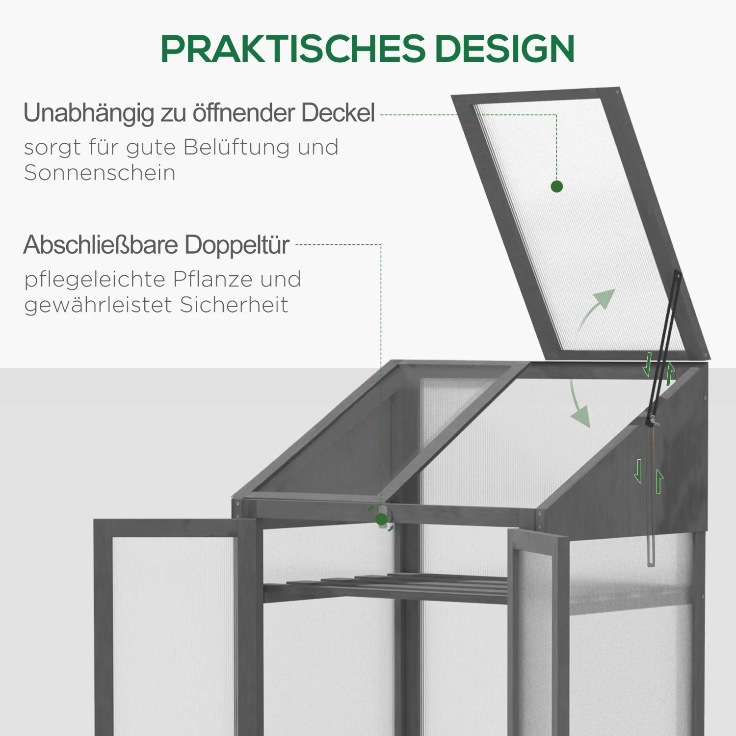 Outsunny Gewächshaus aus Tannenholz, grau, mit Regalen und zu öffnendem Deckel für Belüftung.