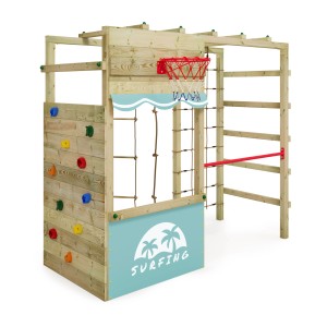 Wickey Spielturm Smart Action Plane Pastellblau mit Kletterwand, Netz, Basketballkorb und Reckstange.