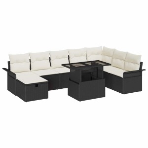 Schwarzes 9-teiliges vidaXL Garten-Sofa-Set aus Poly Rattan mit Kissen.
