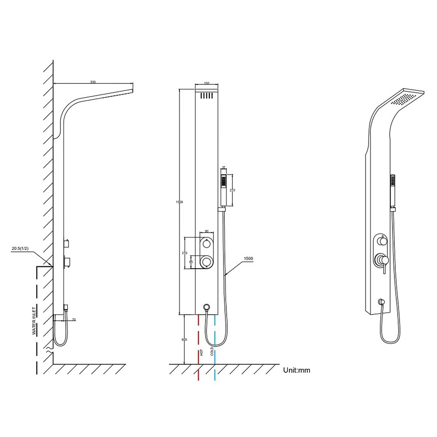 Technische Zeichnung: Duschsystem Venice Matt-Schwarz Edelstahl mit Maßen.