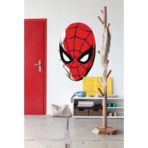 Komar Vliesfototapete Dot Spider-Man Headshot, Ø 125cm, rote Maske mit Spinnennetz auf weißer Wand.