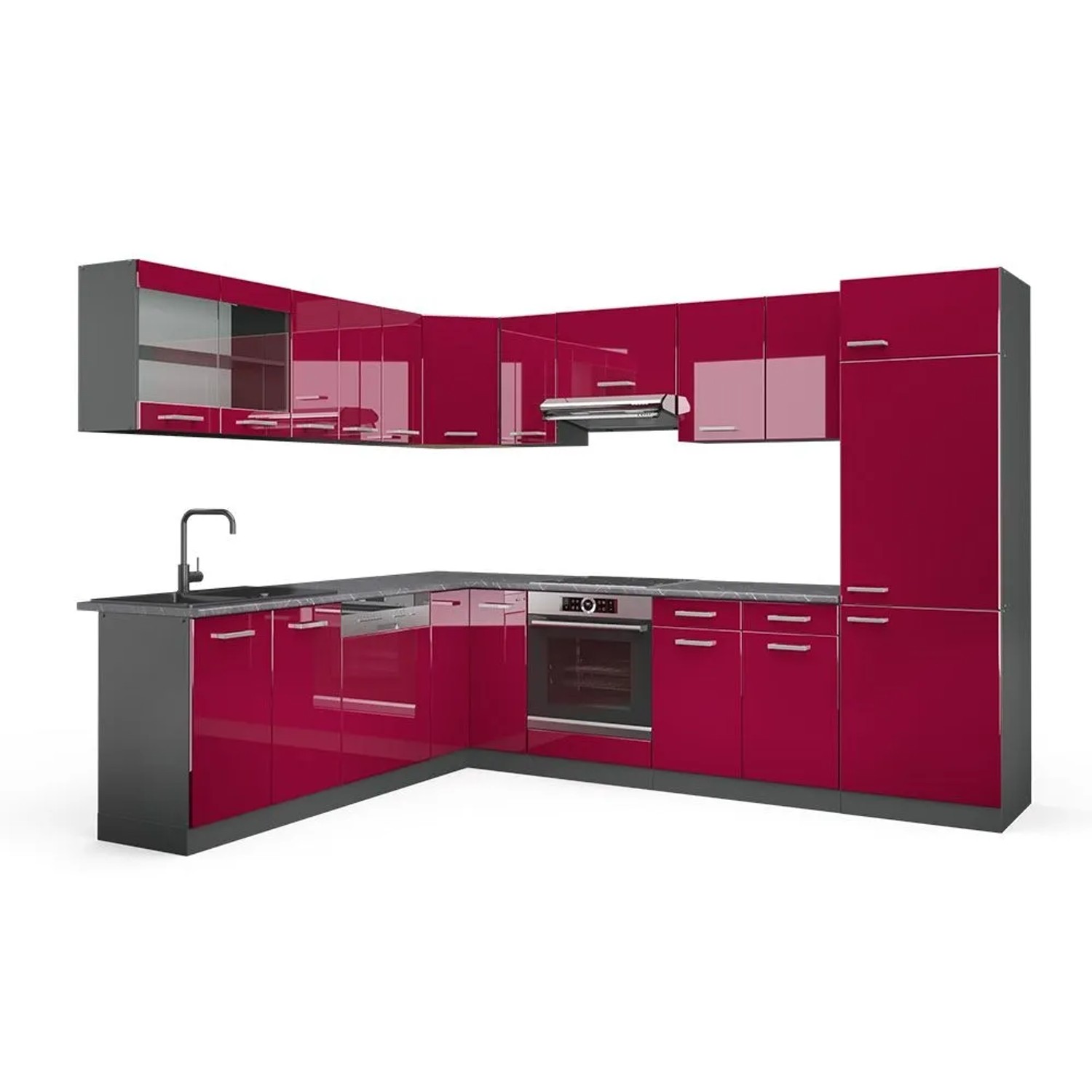 Vicco Eckküche R-Line Rot Hochglanz/Anthrazit 287 x 82, AP Anthrazit