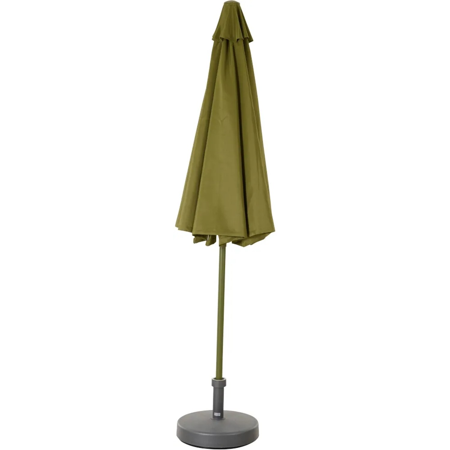 Geschlossener, olivgrüner Siena Garden Marktschirm (Ø 270 cm) mit Schieber und Schirmständer.
