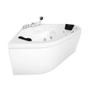 Weiße AcquaVapore Eck-Badewanne W20H 140x140 mit Whirlpool, Armaturen und Handbrause.