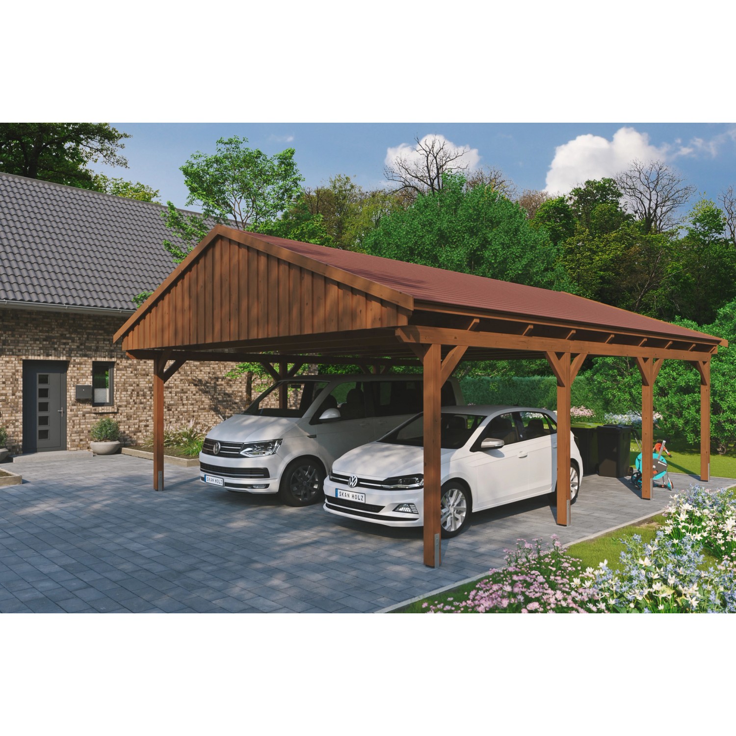 Skan Holz Carport Fichtelberg 618 cm x 808 cm Rote Schindeln Nussbaum günstig online kaufen