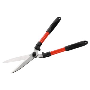 Hand-Heckenschere (53 cm) mit roten Griffen und schwarzen Griffelementen.