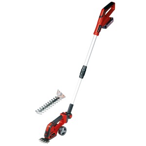 Einhell Akku-Gras- und Strauchschere GE-CG 18/100 Li T Kit mit Teleskopstiel und zwei Messern.