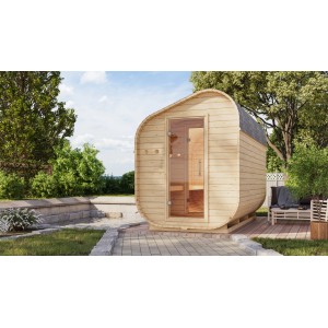 Karibu Fasssauna Asymmetrisch 3, naturbelassen. Saunahaus aus Fichte mit Glastür im Garten.