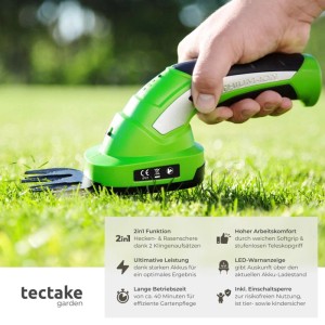 Grüne Tectake Akku-Heckenschere schneidet Gras. Hand hält kompaktes 2-in-1 Gerät mit Aufsätzen für Rasen und Hecken.