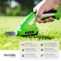 Grüne Tectake Akku-Heckenschere schneidet Gras. Hand hält kompaktes 2-in-1 Gerät mit Aufsätzen für Rasen und Hecken.