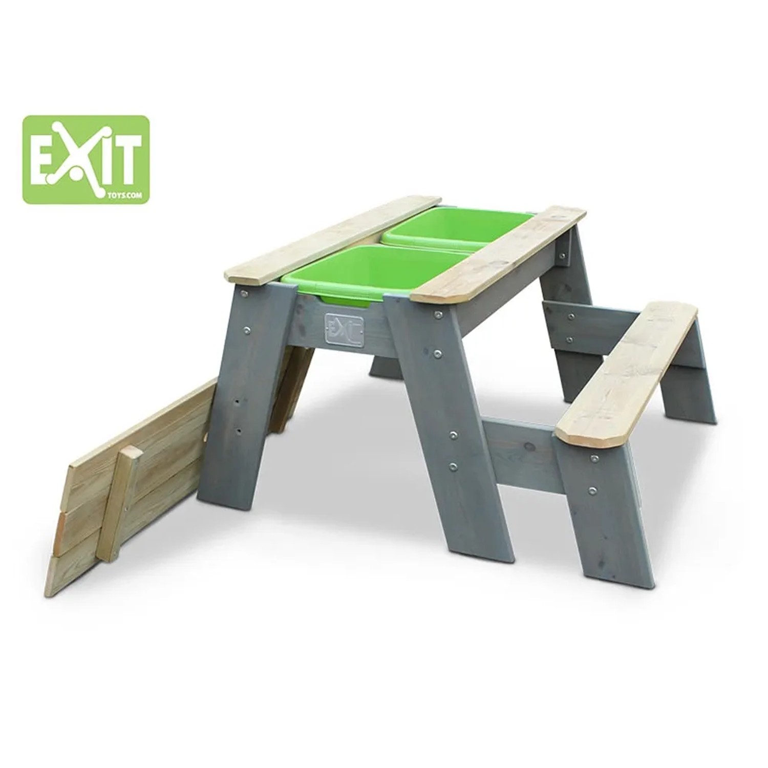 EXIT Aksent Sand-, Wasser- und Picknicktisch mit Bank aus Holz, grau und naturfarben.