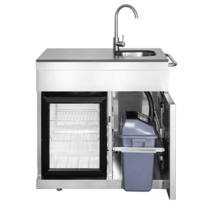 MyOutDoorKitchen Pure Outdoorküche Plus Edelstahl mit Spüle, Kühlschrank und Mülleimer.