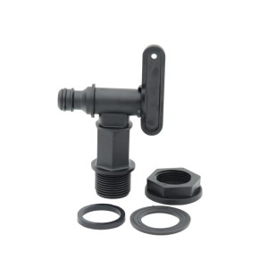 Schwarzer Regentonnenhahn mit 26,4 mm (3/4) Anschluss, Kontermutter und Dichtungen.