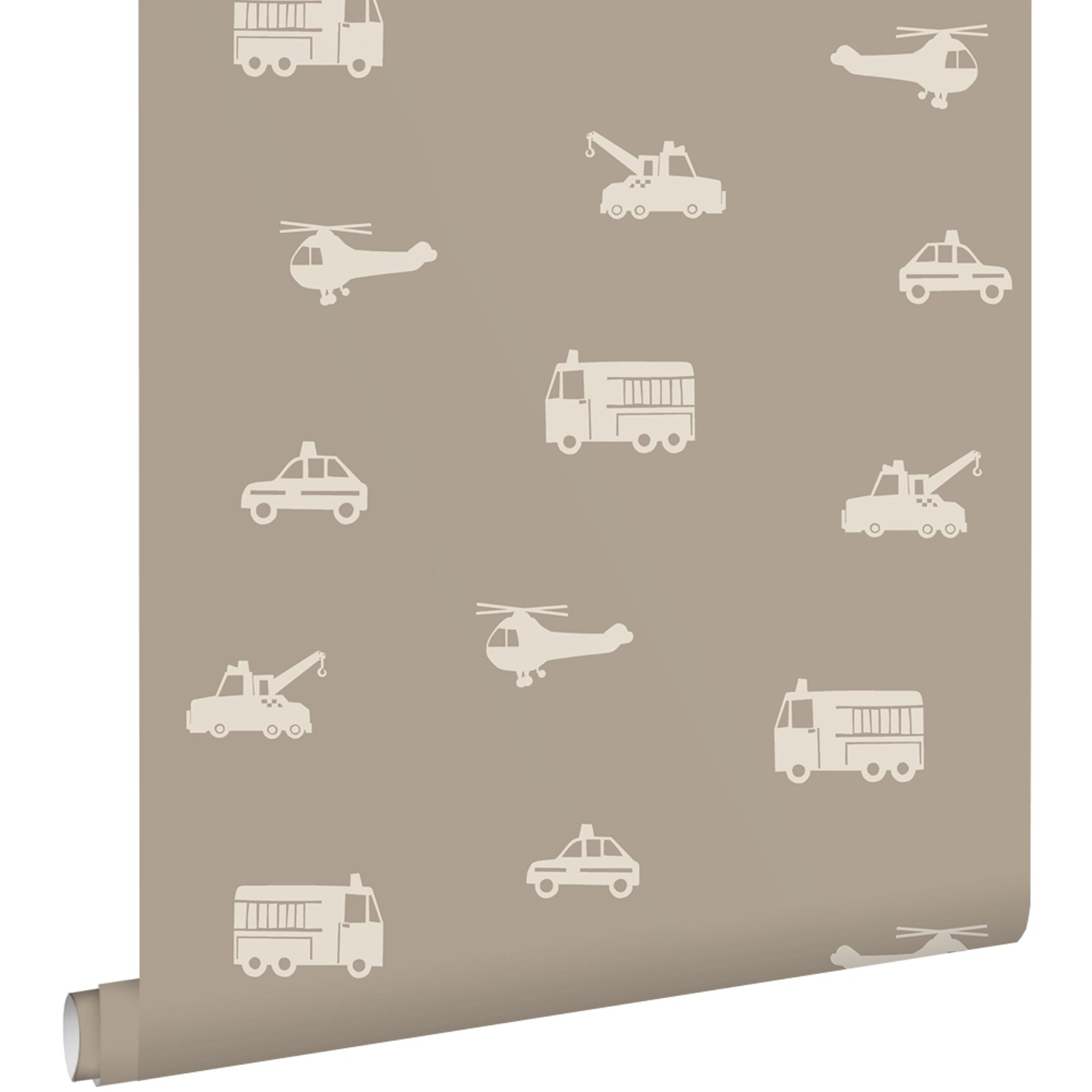ESTAhome Tapete Autos Löschfahrzeuge Hubschrauber und Kräne Taupe 53 cm x 1 günstig online kaufen