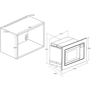 Skizze der PKM Einbau-Mikrowelle MW820-EBM mit Maßen für den Einbau in Hängeschrank.