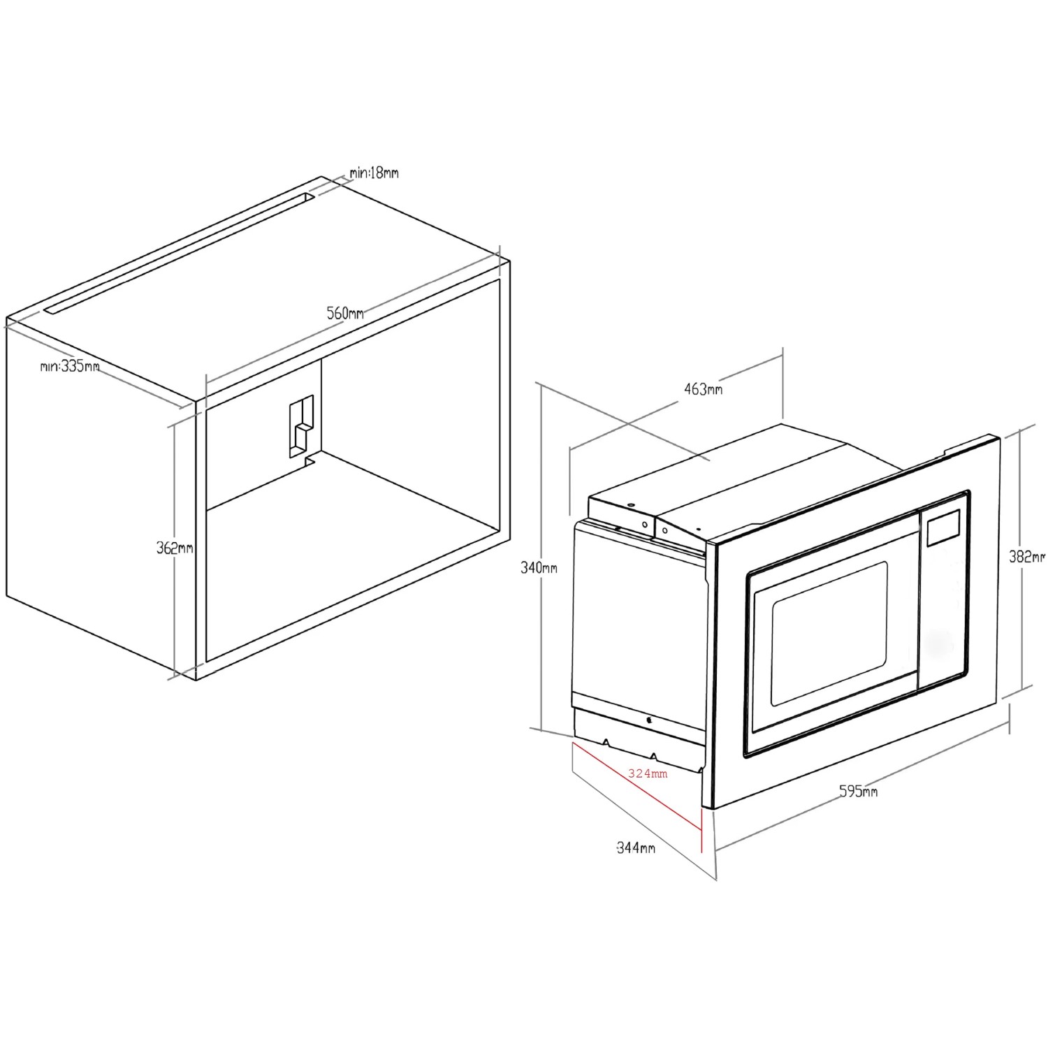 Skizze der PKM Einbau-Mikrowelle MW820-EBM mit Maßen für den Einbau in Hängeschrank.