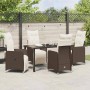 5-teiliges Garten-Esszimmer-Set aus braunem Poly Rattan mit Tisch, 4 Stühlen und Kissen.