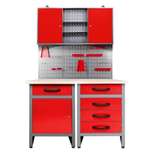 Ondis24 Werkstatt Set Entdecker, 120 cm, mit Schrank, LED und Werkbank in Rot.