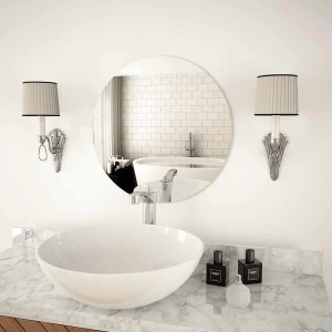 Eleganter runder vidaXL Wandspiegel aus Glas, 50 cm Durchmesser, über Waschbecken im modernen Bad. Verbessert Raumgefühl.