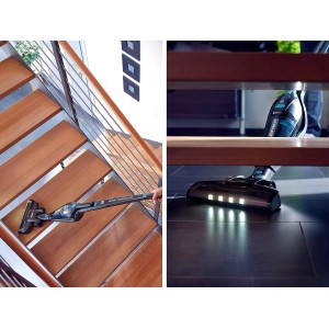 Leifheit Akku Staubsauger Rotaro PowerVac 2in1 in Nutzung auf Treppe und unter Möbeln.