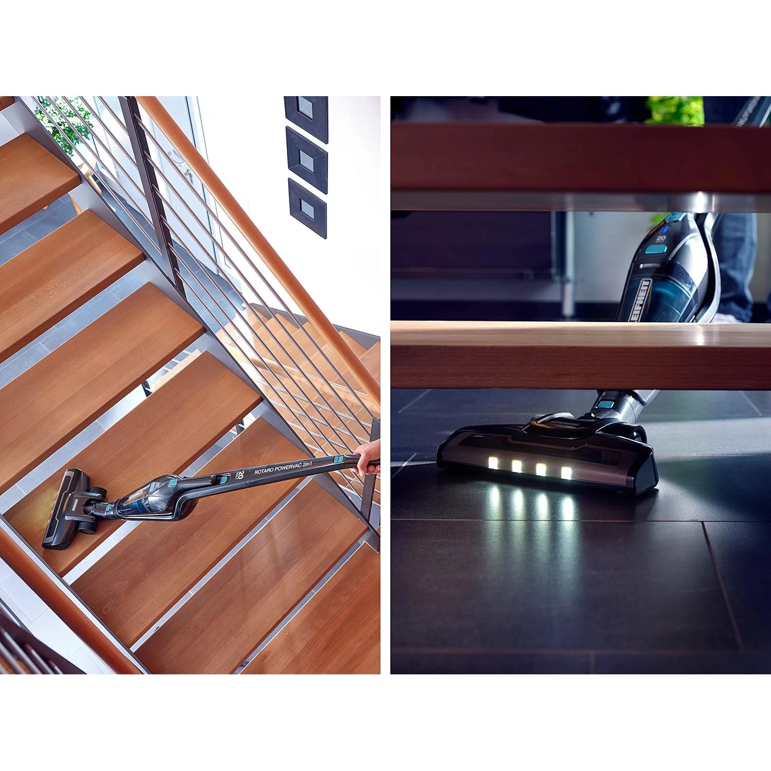 Leifheit Akku Staubsauger Rotaro PowerVac 2in1 in Nutzung auf Treppe und unter Möbeln.