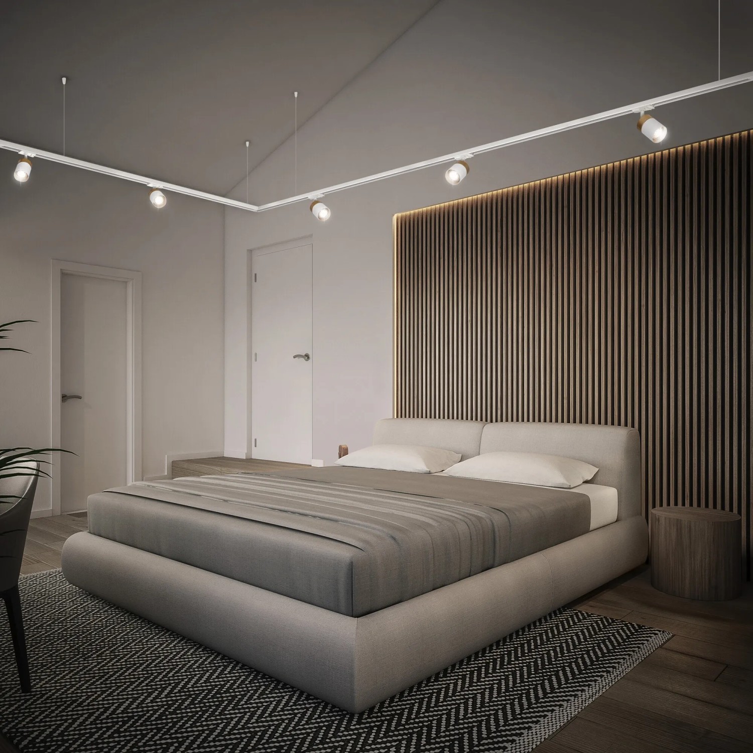 Ledvance Schienensystem Spot Cylinder, weiß-gold, im Schlafzimmer montiert.