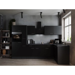 Moderne Respekta Winkelküche Oliver 310 cm in Schwarz mit Elektrogeräten.