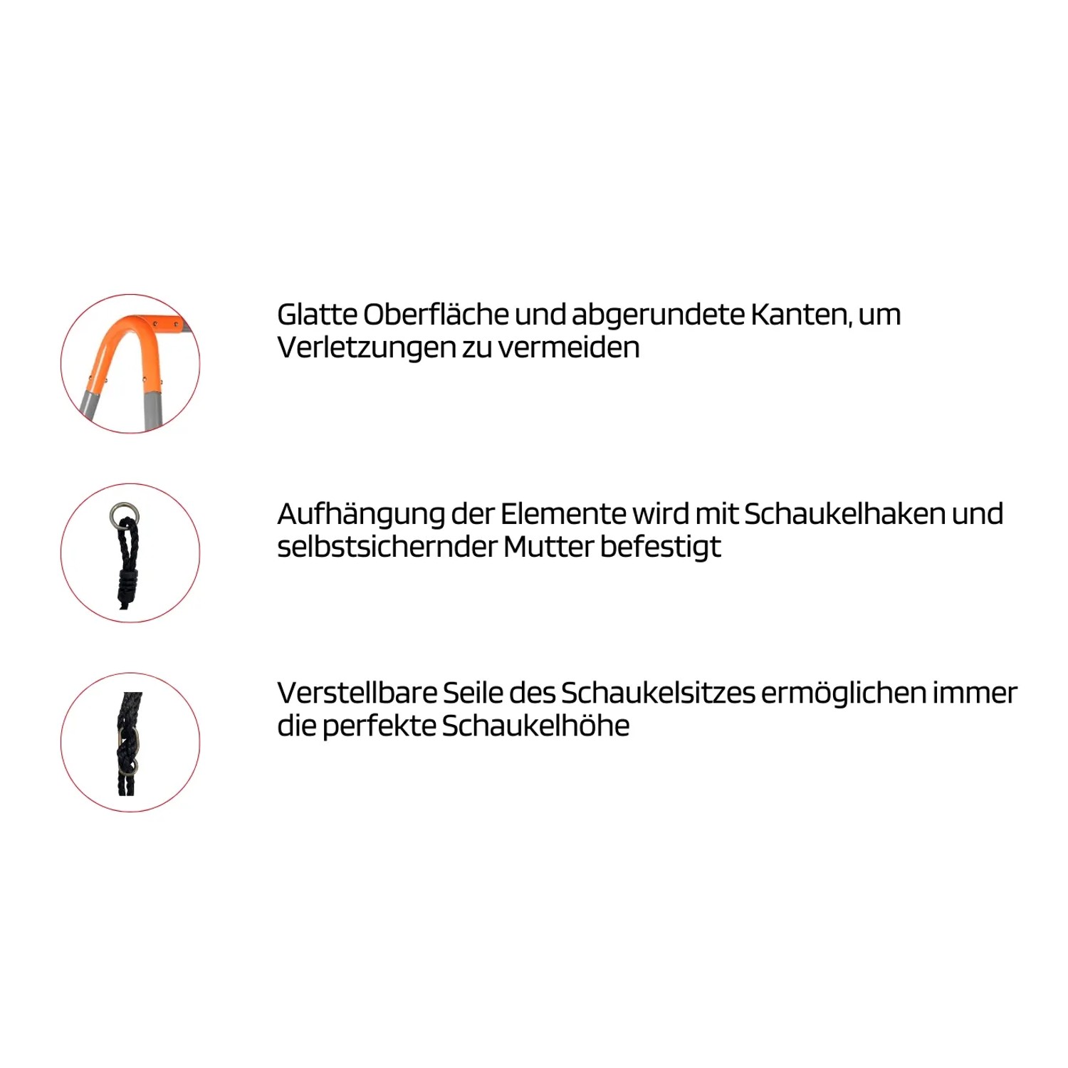 Details der Kettler Einzelschaukel: abgerundete Kanten, sichere Aufhängung mit Haken und verstellbare Seile für den Schaukelsitz.