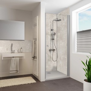 Beige Breuer Duschrückwand Seidenmatt Marmor, 100x255cm, im Badezimmer mit Dusche.