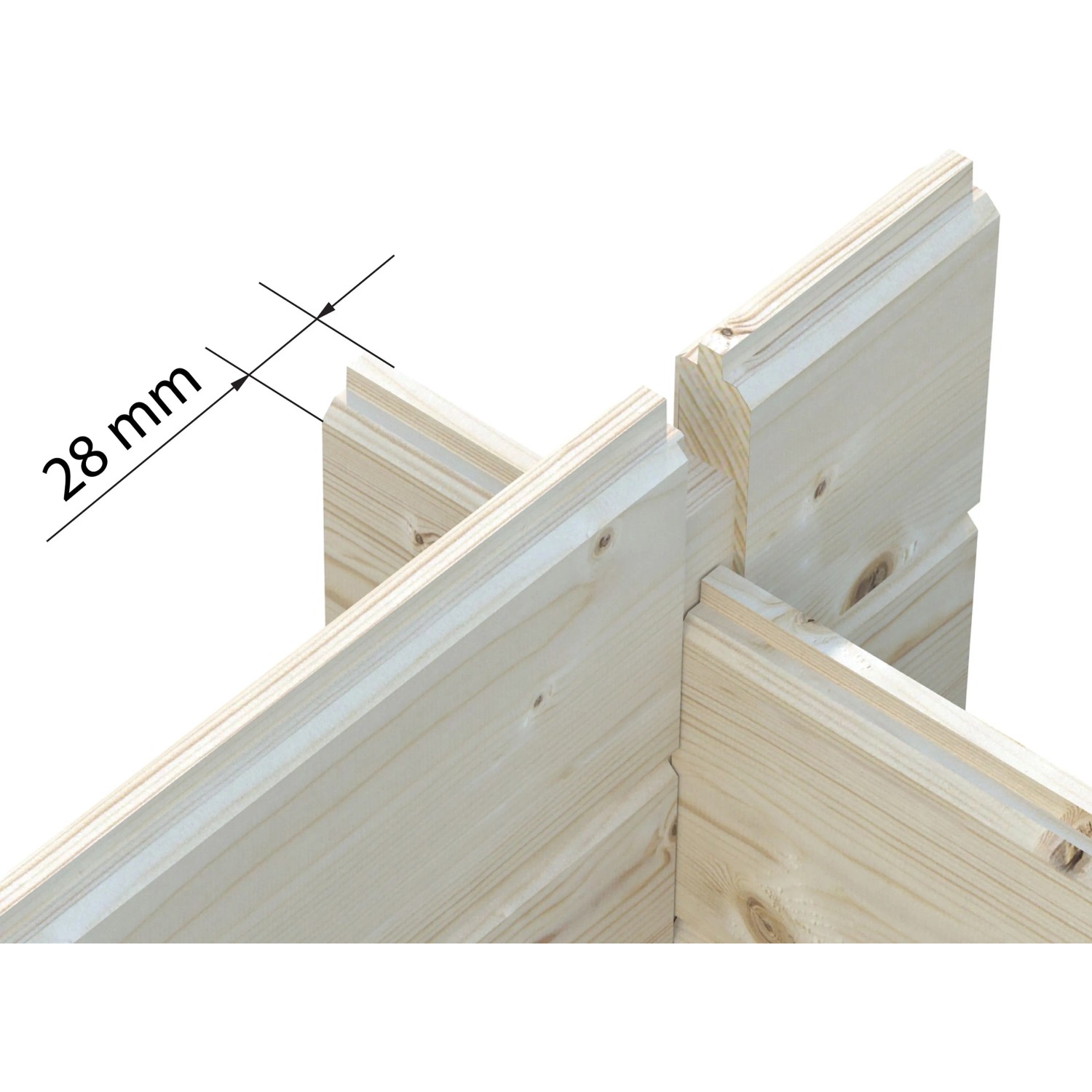 Detailaufnahme der 28 mm Blockbohlen-Eckverbindung des Palmako Gartenhauses Ella.