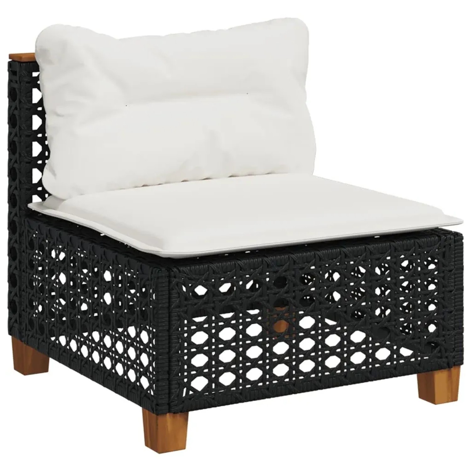 Schwarzes vidaXL Gartensofa aus Rattan mit cremeweißen Kissen, Teil einer 5-tlg. Gartenmöbel-Garnitur.
