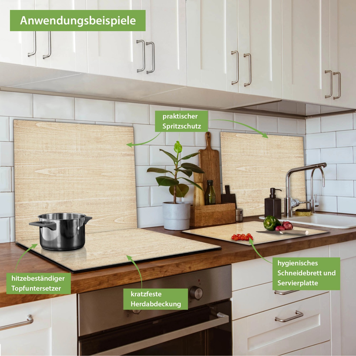 Banjado Herdabdeckplatte aus Glas (60x52cm) mit Holz-Motiv als Schneidebrett und Spritzschutz.