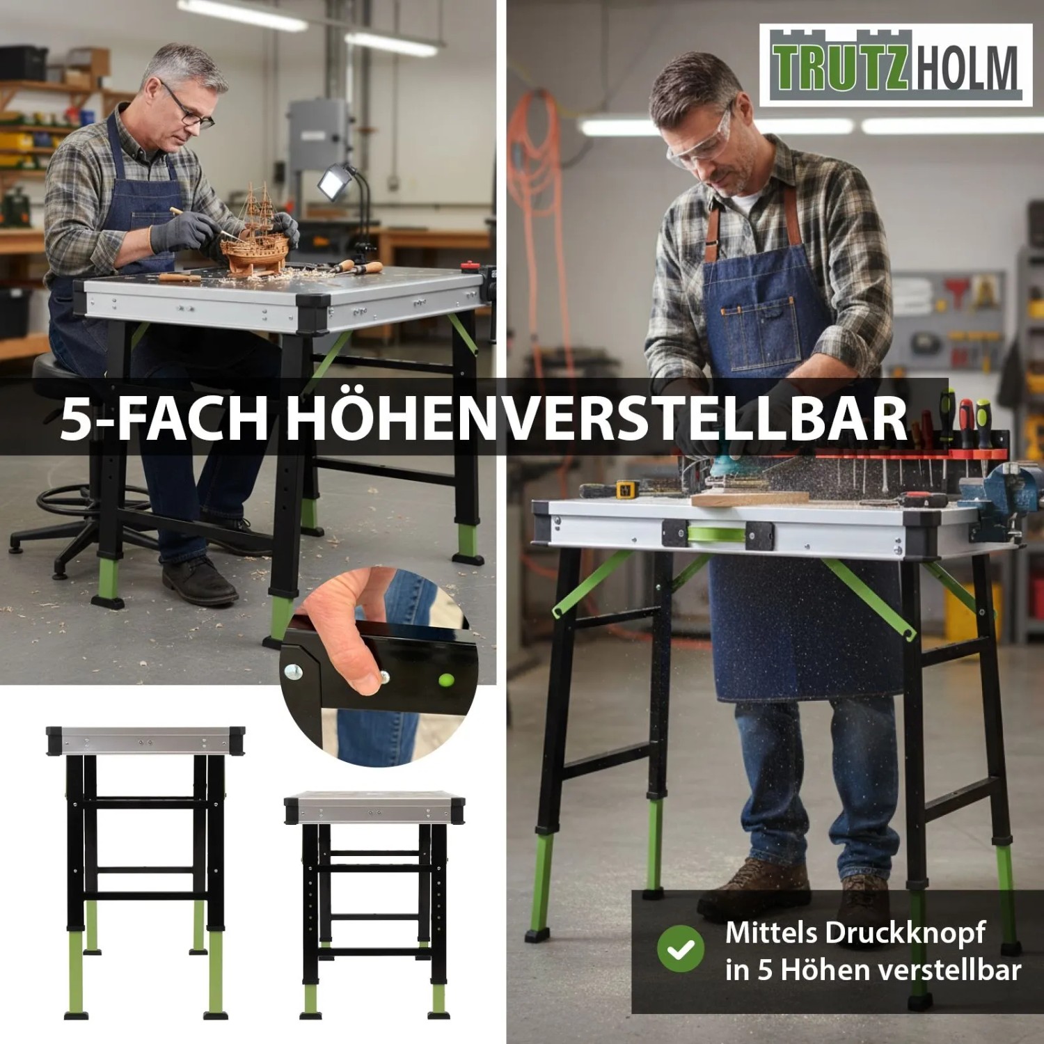 TRUTZHOLM Werkbank, höhenverstellbar und klappbar, mit Werkzeugboxen und Schnellspannern.