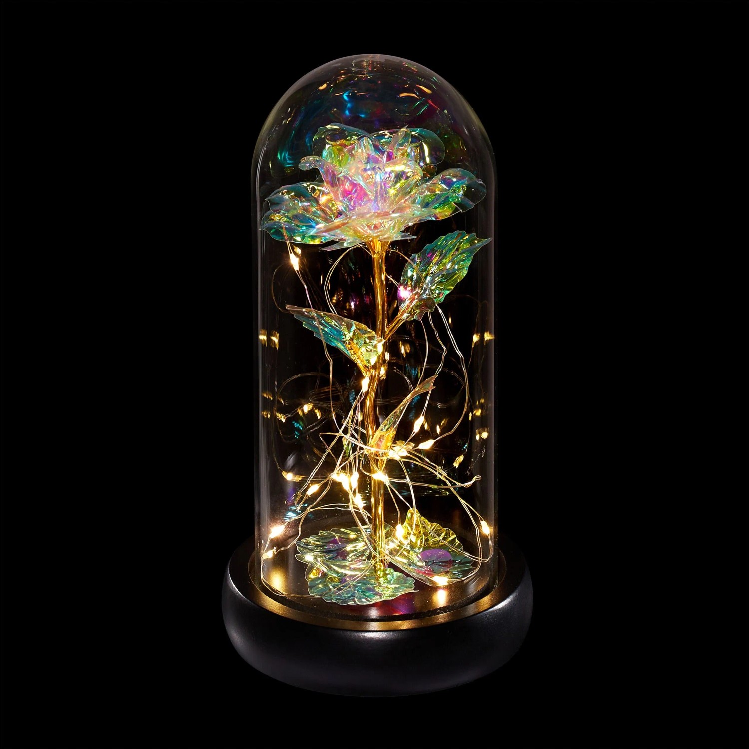 Relaxdays Rose im Glas Borosilikatglas Kiefernholz Kunststoff Bunt mit LED-Lichterkette 22 cm x 11 cm 390 g