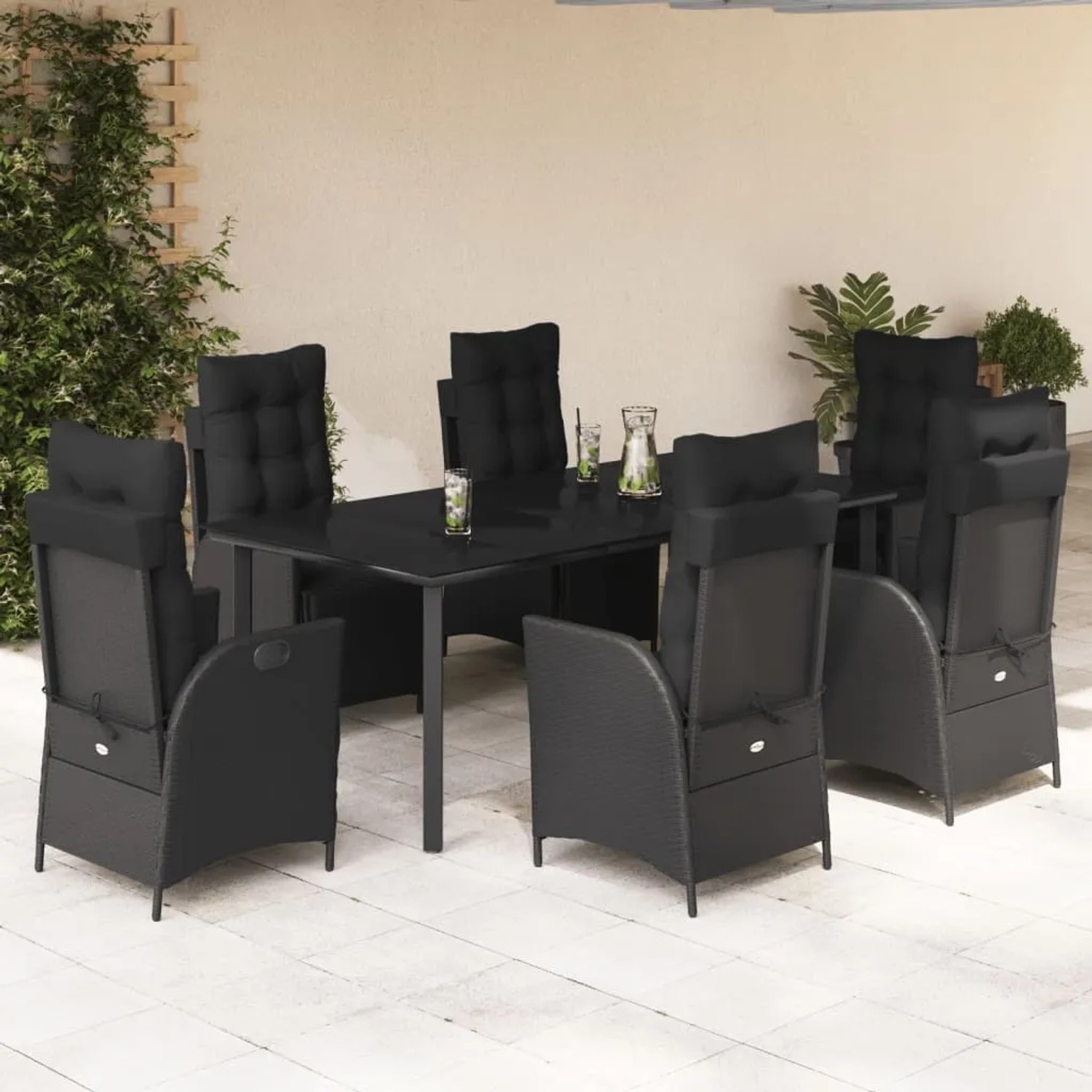 Schwarze 7-tlg. Garten-Essgruppe aus Poly Rattan mit Kissen. Gartenmöbel-Set mit Tisch und verstellbaren Stühlen.