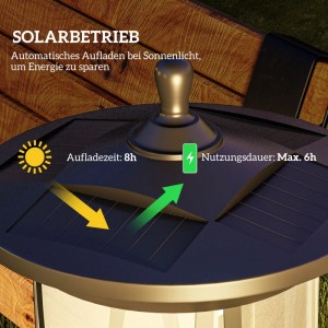 Furnicato Solar Außenleuchte: Schwarzes Solarpaneel mit 8h Ladezeit und 6h Leuchtdauer. Automatischer Betrieb, wetterfest.