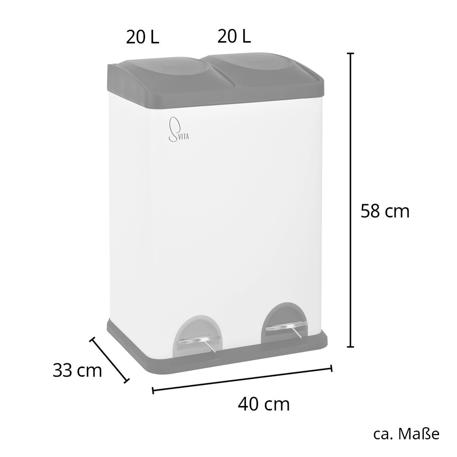 Weißer Svita Trennmülleimer TC2X20 mit zwei Fächern (je 20L) und Tretpedalen.