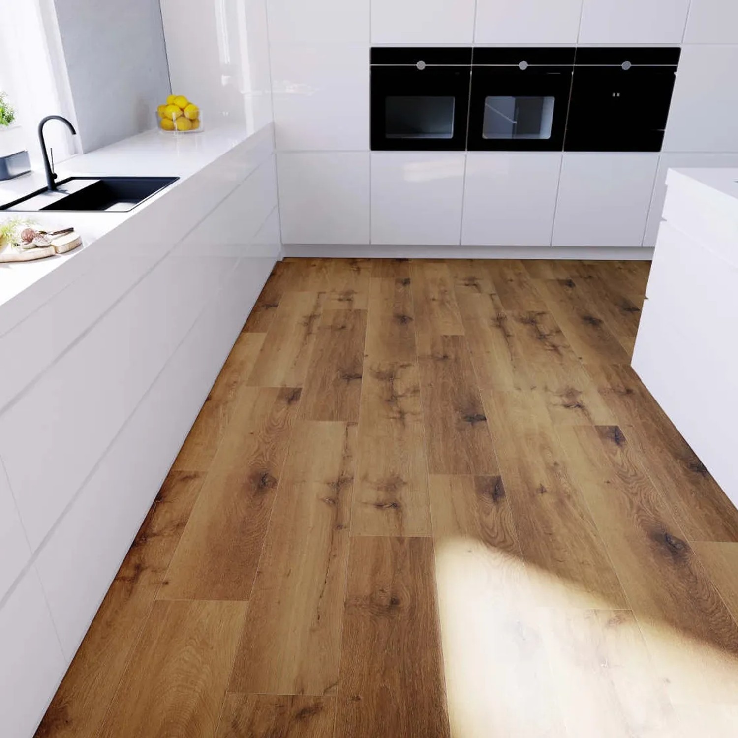 Anaturo Rigid-Vinylboden Mio 30 Click Plus Eiche Ravenna im modernen Küchenambiente.