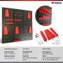 PROREGAL ARES Werkzeug Lochwand Set aus 6 schwarzen Metallplatten mit roten Haltern und Haken für die Werkstatt.