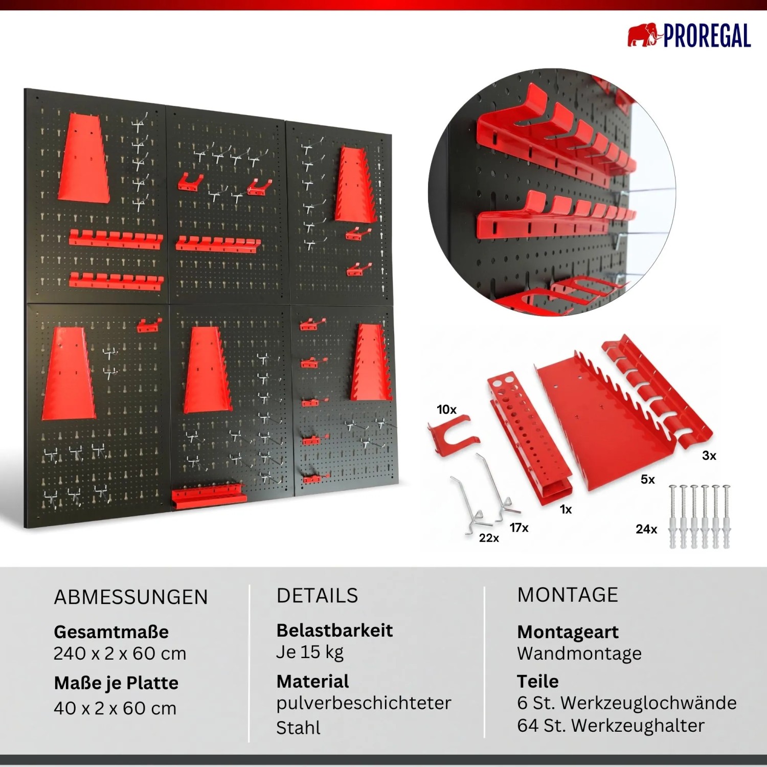 PROREGAL ARES Werkzeug Lochwand Set aus 6 schwarzen Metallplatten mit roten Haltern und Haken für die Werkstatt.