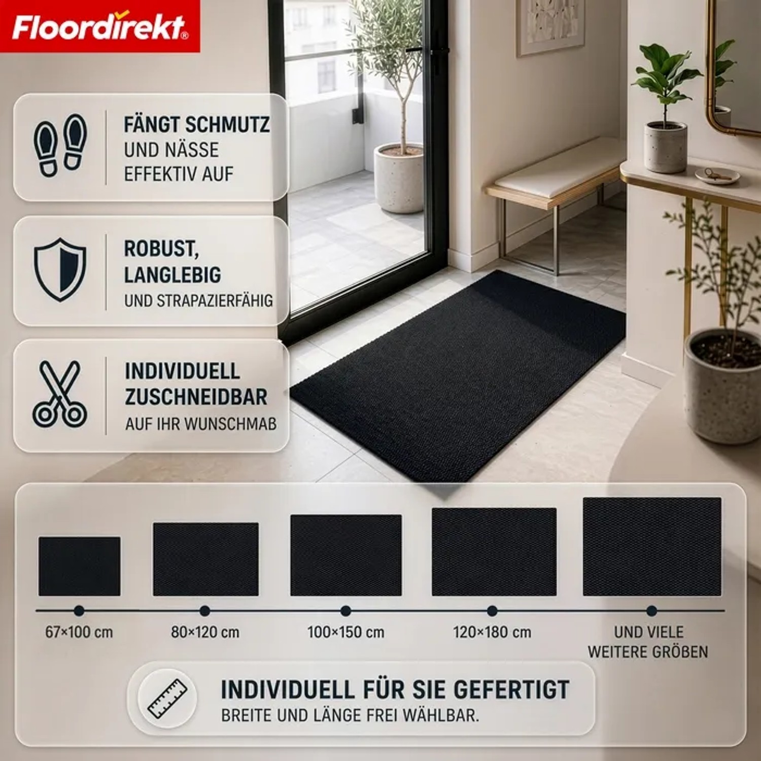 Schwarze Floordirekt Schmutzfangmatte Hong Kong PRO mit TPE-Rücken im Eingang. Robust, rutschfest, hohe Schmutzaufnahme, zuschneidbar.