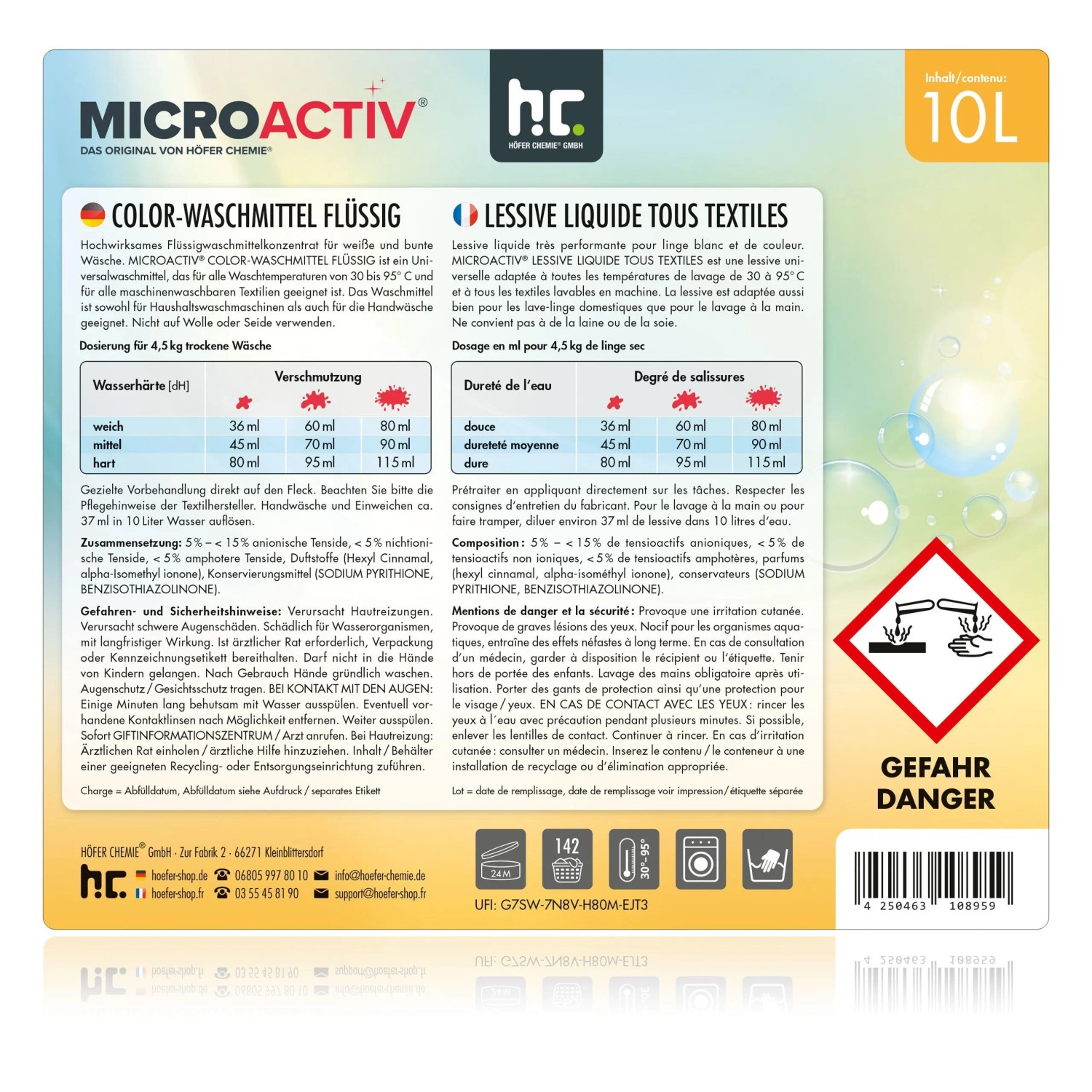 Microactiv Color Waschmittel Flüssig, 6 x 10l Kanister für farbige und weiße Wäsche.
