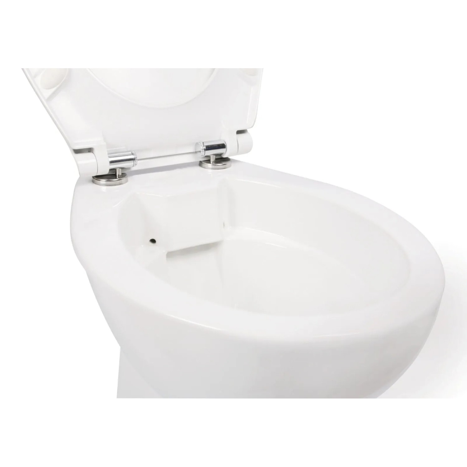 Detailaufnahme: Erhöhtes, spülrandloses Calmwaters Stand-WC Set mit offenem WC-Sitz.