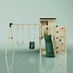 PolarPlay Spielturm Björn mit Babyschaukel und Rutsche, aus Holz.