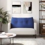 Polizeiblaues Samt-Rückenkissen mit Knopfheftung auf hellem Sofa. Ergonomisches Kissen für Wohnzimmer & Schlafzimmer.